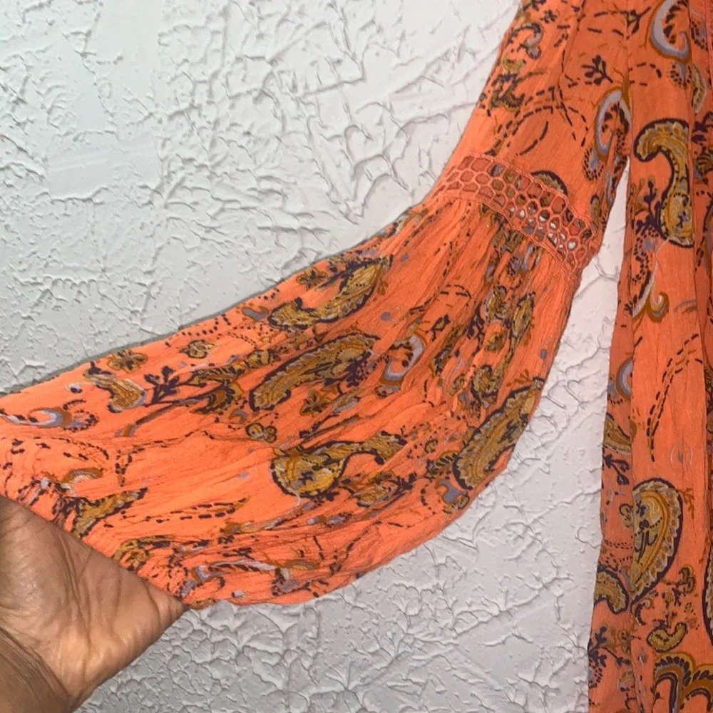 Free People *Flaw Tunic Mini Just The Two Of Us Paisley Orange XS Boho Whimsical